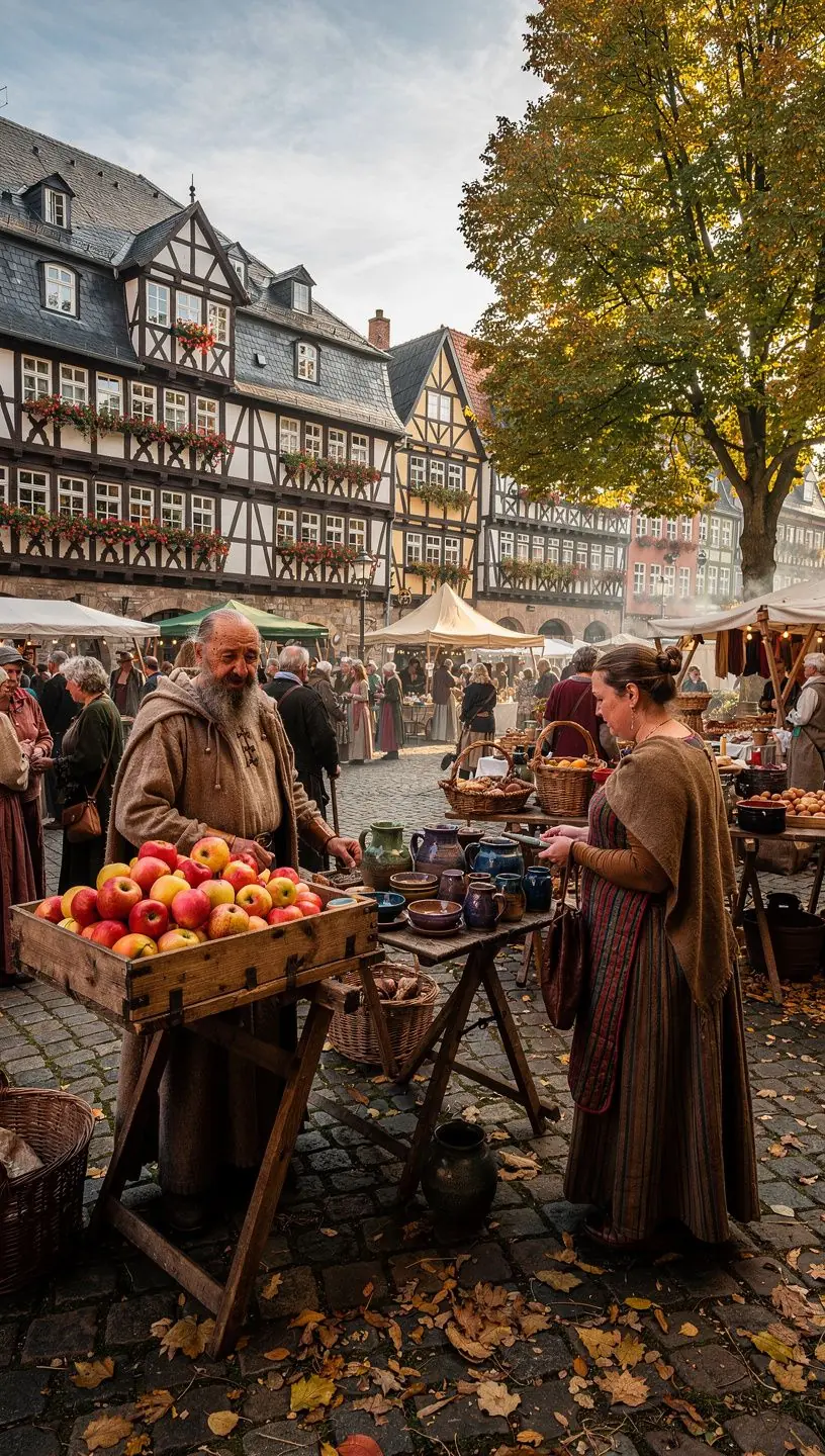 Eine festlich dekorierte Marktstraße, erfüllt von den Geräuschen fröhlicher Verkäufer und kauender Besucher.