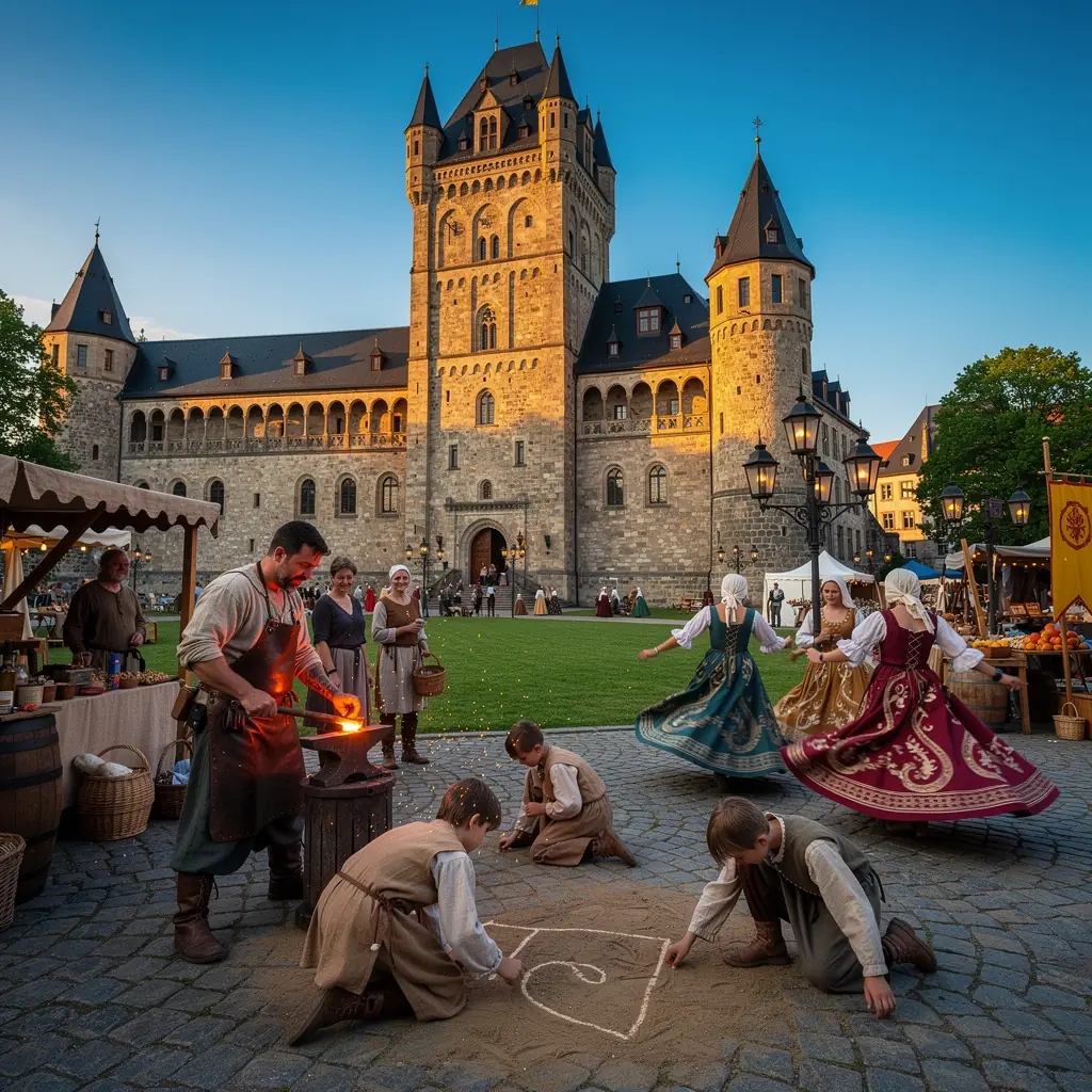 Ein Panorama der Stadt Goslar, das die majestätische Silhouette des Kaiserpalastes und die umliegenden Berge zeigt.