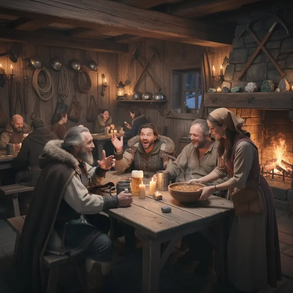 Ein detailreicher Stand auf dem Markt, der handgefertigte Produkte und historische Artefakte präsentiert.